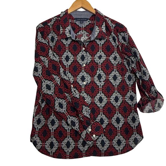 Tommy Hilfiger Abstract Roll Tab Sleeve Cotton Utility Shirt Sz L Preppy Coastal - Picture 3 of 10